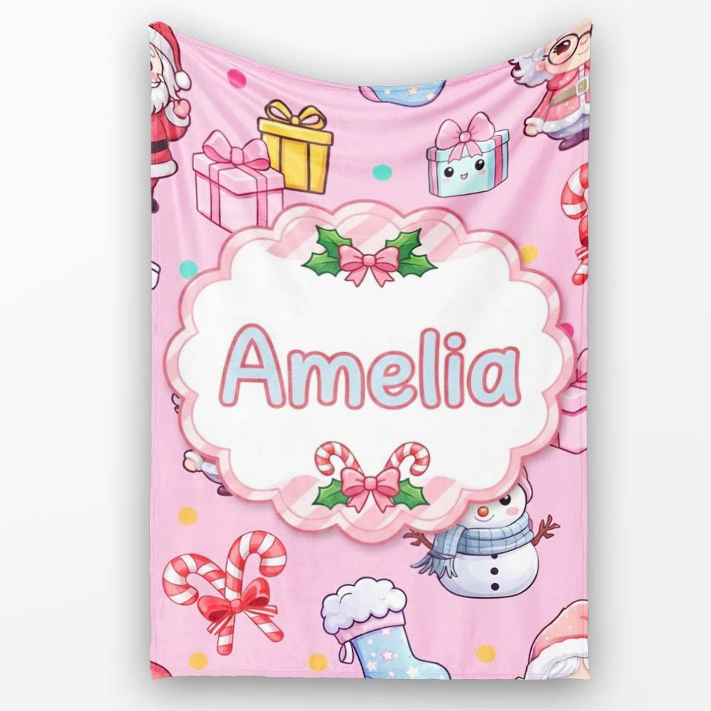 Cute Kawaii Santa Snowman Gift Characters Pink Background Seamless  Personalised Custom Name Super Soft Fleece Blanket Bed Sofa Throw