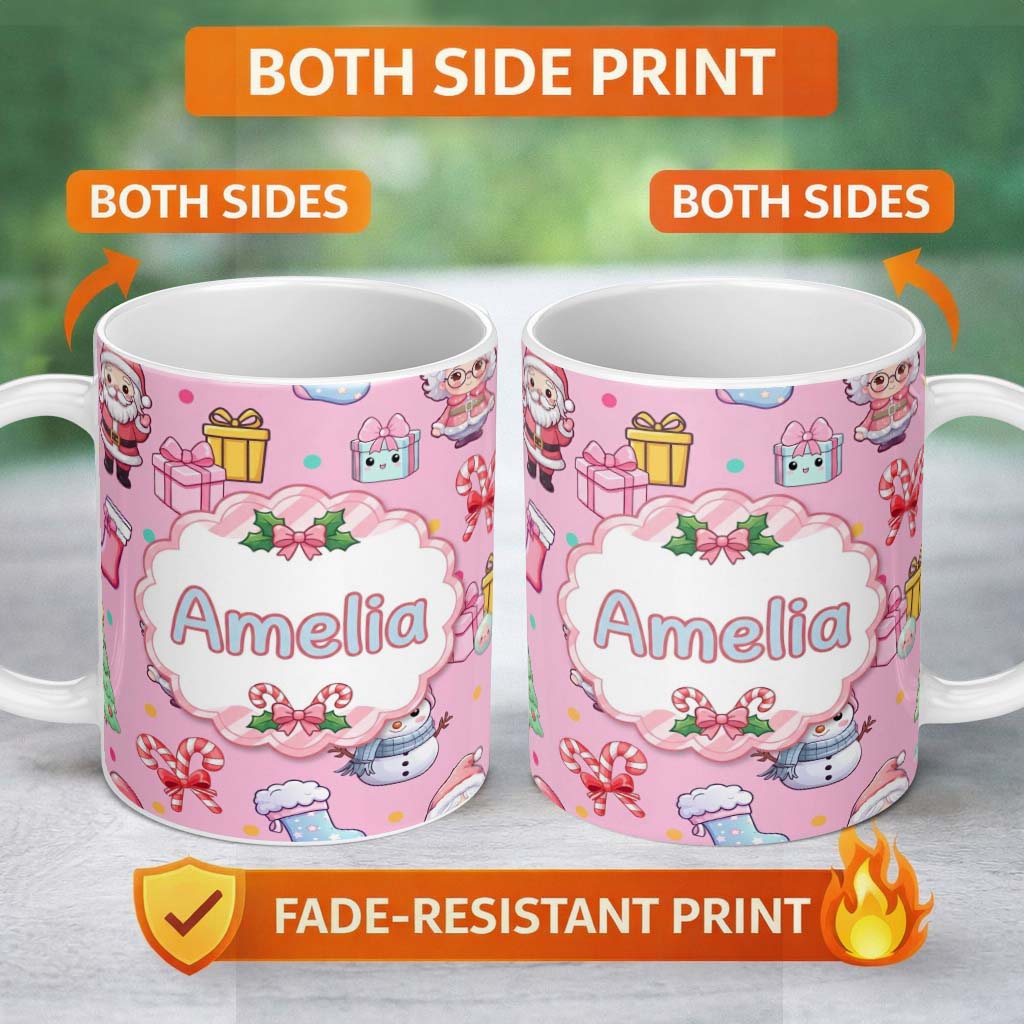 Personalized Custom Name Cute Kawaii Santa Snowman Gift Characters Pink Background Seamless 11oz Ceramic Coffee Tea Mug White Large Handle