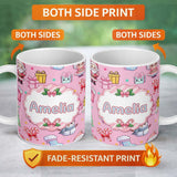Personalized Custom Name Cute Kawaii Santa Snowman Gift Characters Pink Background Seamless 11oz Ceramic Coffee Tea Mug White Large Handle