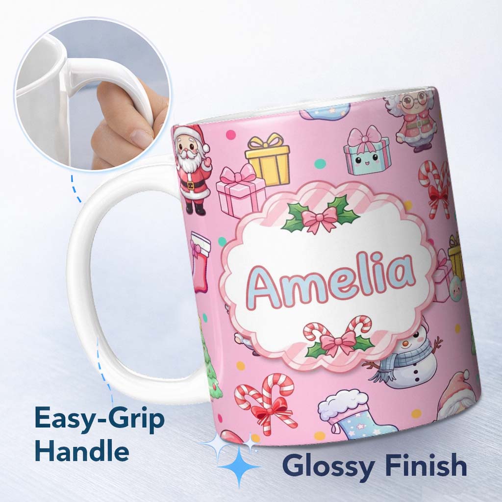 Personalized Custom Name Cute Kawaii Santa Snowman Gift Characters Pink Background Seamless 11oz Ceramic Coffee Tea Mug White Large Handle