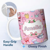 Personalized Custom Name Cute Kawaii Santa Snowman Gift Characters Pink Background Seamless 11oz Ceramic Coffee Tea Mug White Large Handle
