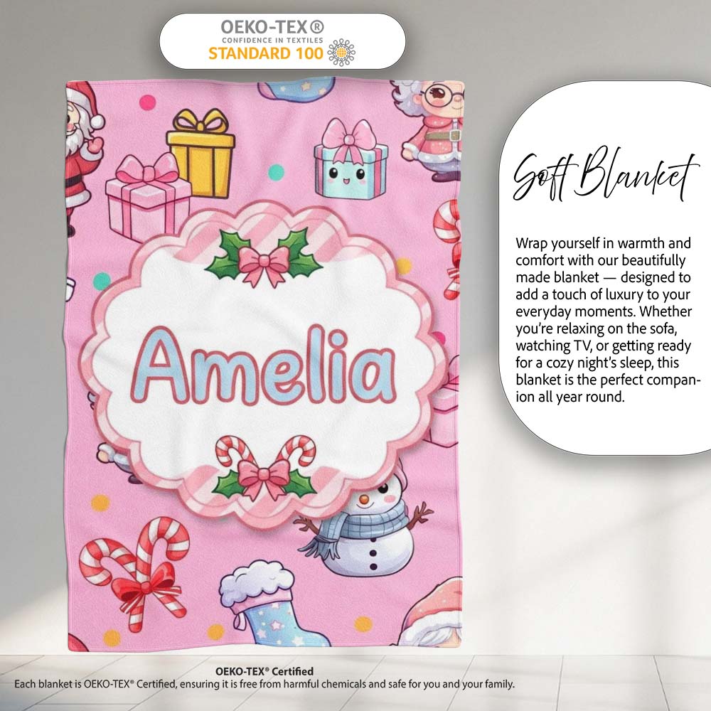 Cute Kawaii Santa Snowman Gift Characters Pink Background Seamless  Personalised Custom Name Super Soft Fleece Blanket Bed Sofa Throw