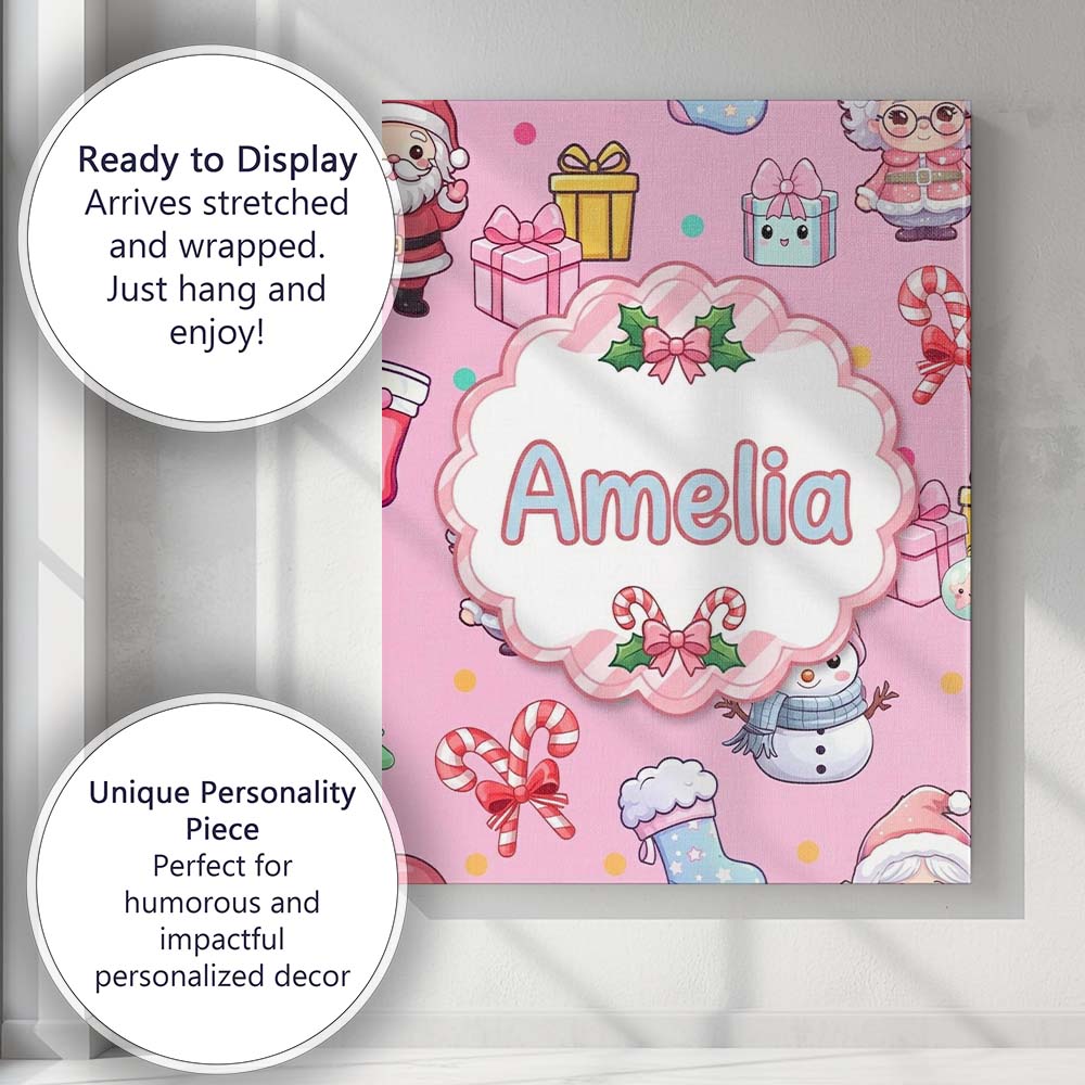 Personalised Name Cute Kawaii Santa Snowman Custom  Bespoke Interior Contemporary Canvas Wall Art Print Decor Picture Ready to Hang