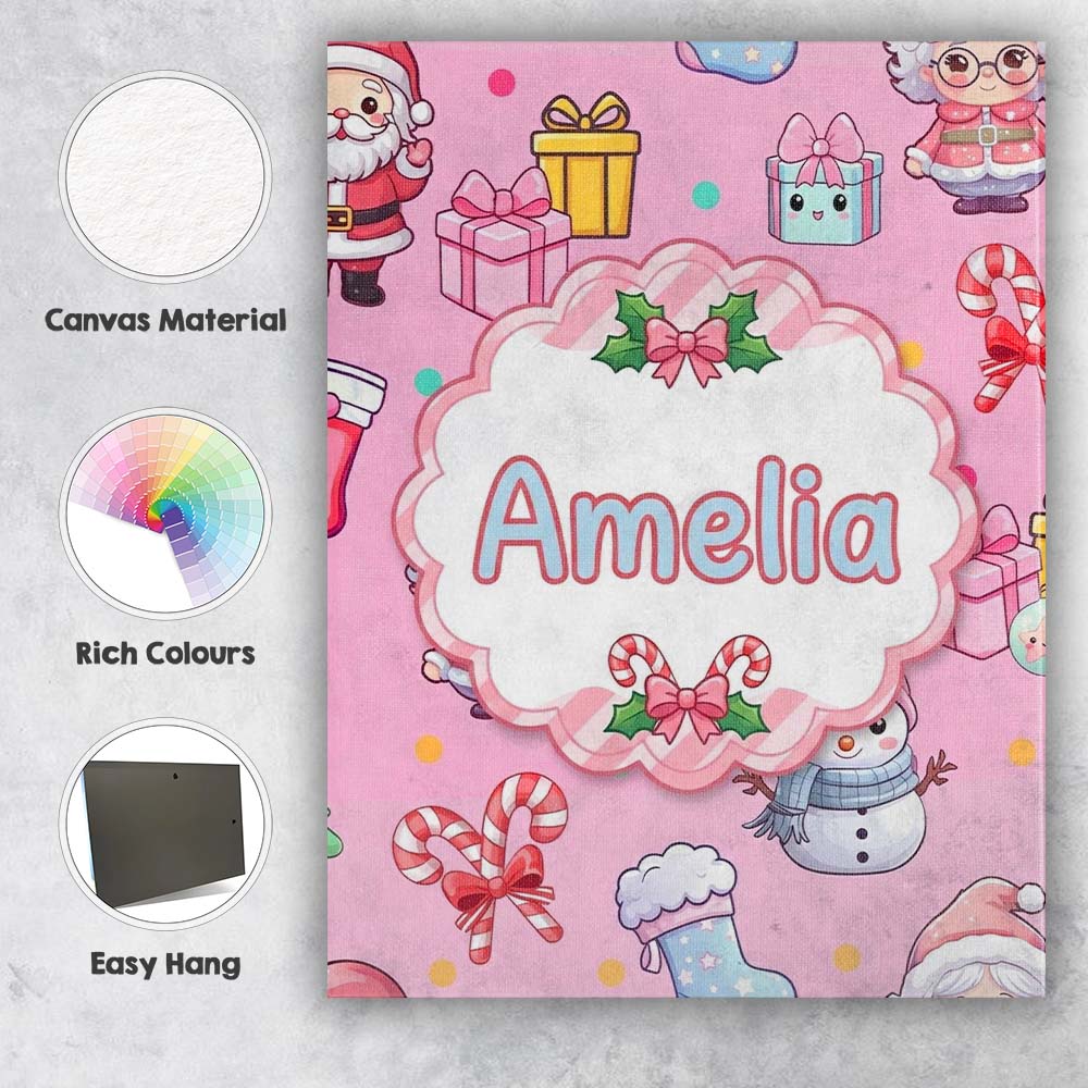 Personalised Name Cute Kawaii Santa Snowman Custom  Bespoke Interior Contemporary Canvas Wall Art Print Decor Picture Ready to Hang