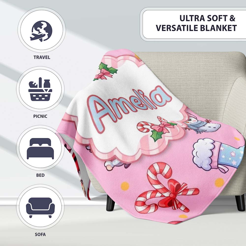 Cute Kawaii Santa Snowman Gift Characters Pink Background Seamless  Personalised Custom Name Super Soft Fleece Blanket Bed Sofa Throw