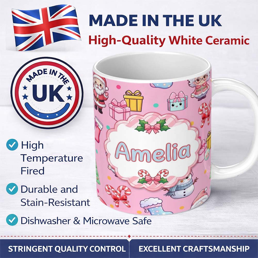 Personalized Custom Name Cute Kawaii Santa Snowman Gift Characters Pink Background Seamless 11oz Ceramic Coffee Tea Mug White Large Handle