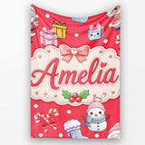 Cute Kawaii Santa Snowman Gift Characters Red Background Seamless  Personalised Custom Name Super Soft Fleece Blanket Bed Sofa Throw