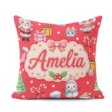 Custom Name Cute Kawaii Santa Characters Red Background Seamless Square Filled Cushion Throw Pillow Sofa Bed Home Decor Zip Washable UK Made