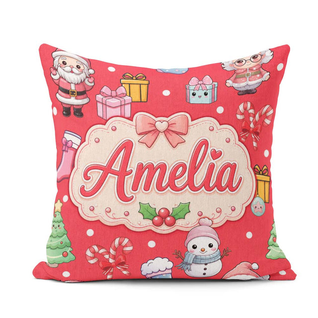 Custom Name Cute Kawaii Santa Characters Red Background Seamless Square Filled Cushion Throw Pillow Sofa Bed Home Decor Zip Washable UK Made