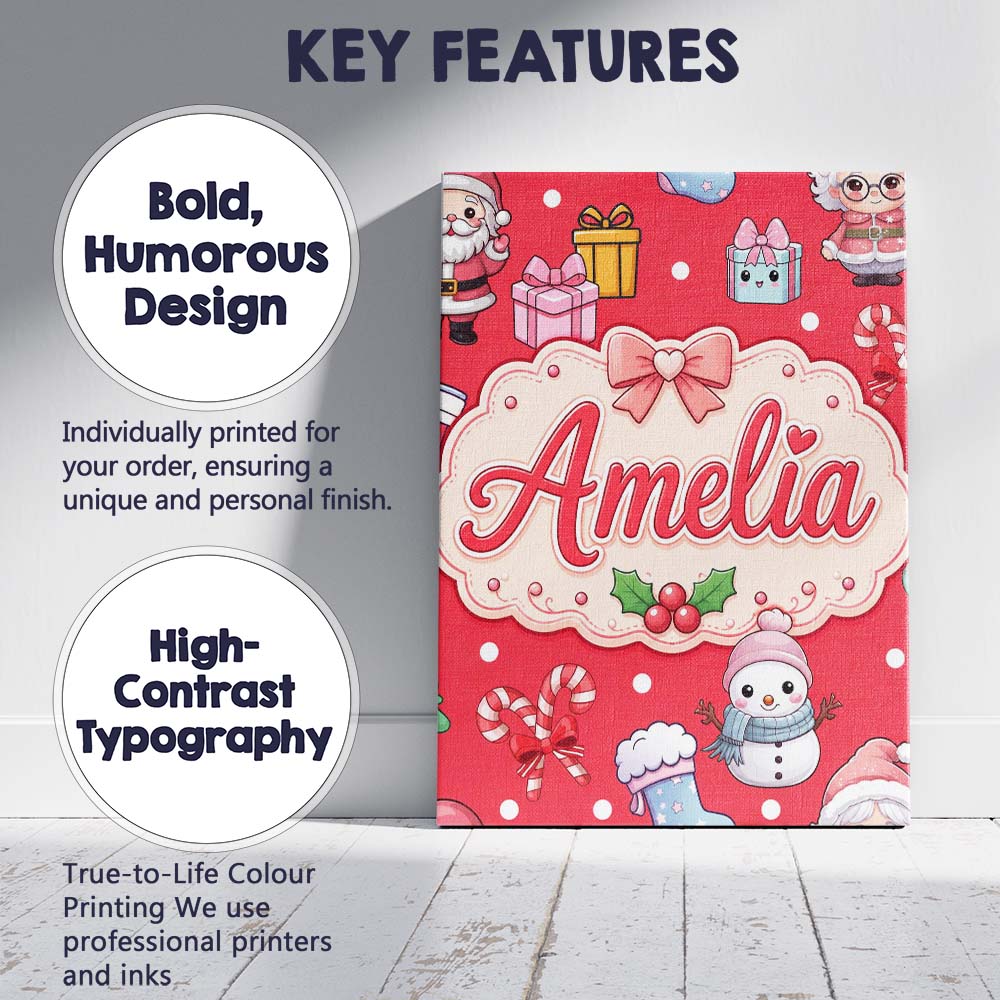 Personalised Name Cute Kawaii Santa Snowman Custom  Bespoke Interior Contemporary Canvas Wall Art Print Decor Picture Ready to Hang