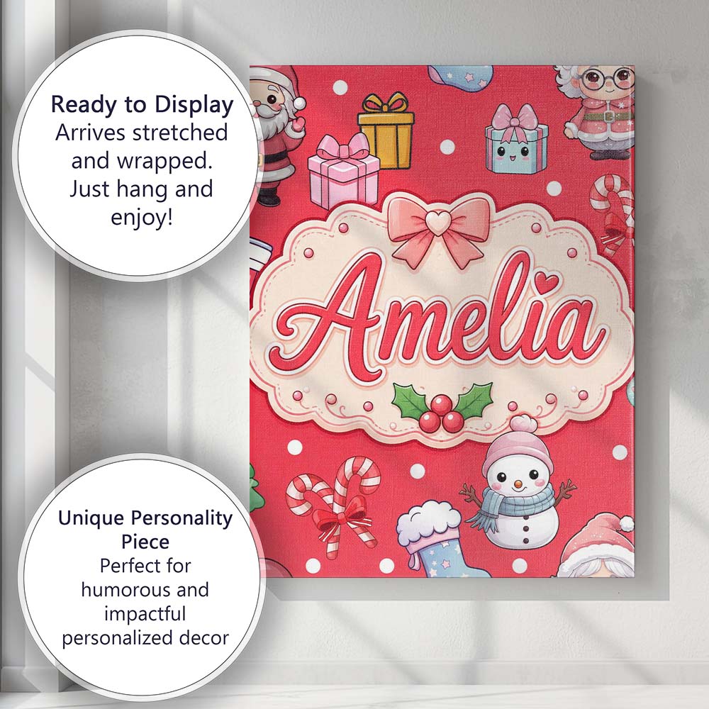 Personalised Name Cute Kawaii Santa Snowman Custom  Bespoke Interior Contemporary Canvas Wall Art Print Decor Picture Ready to Hang