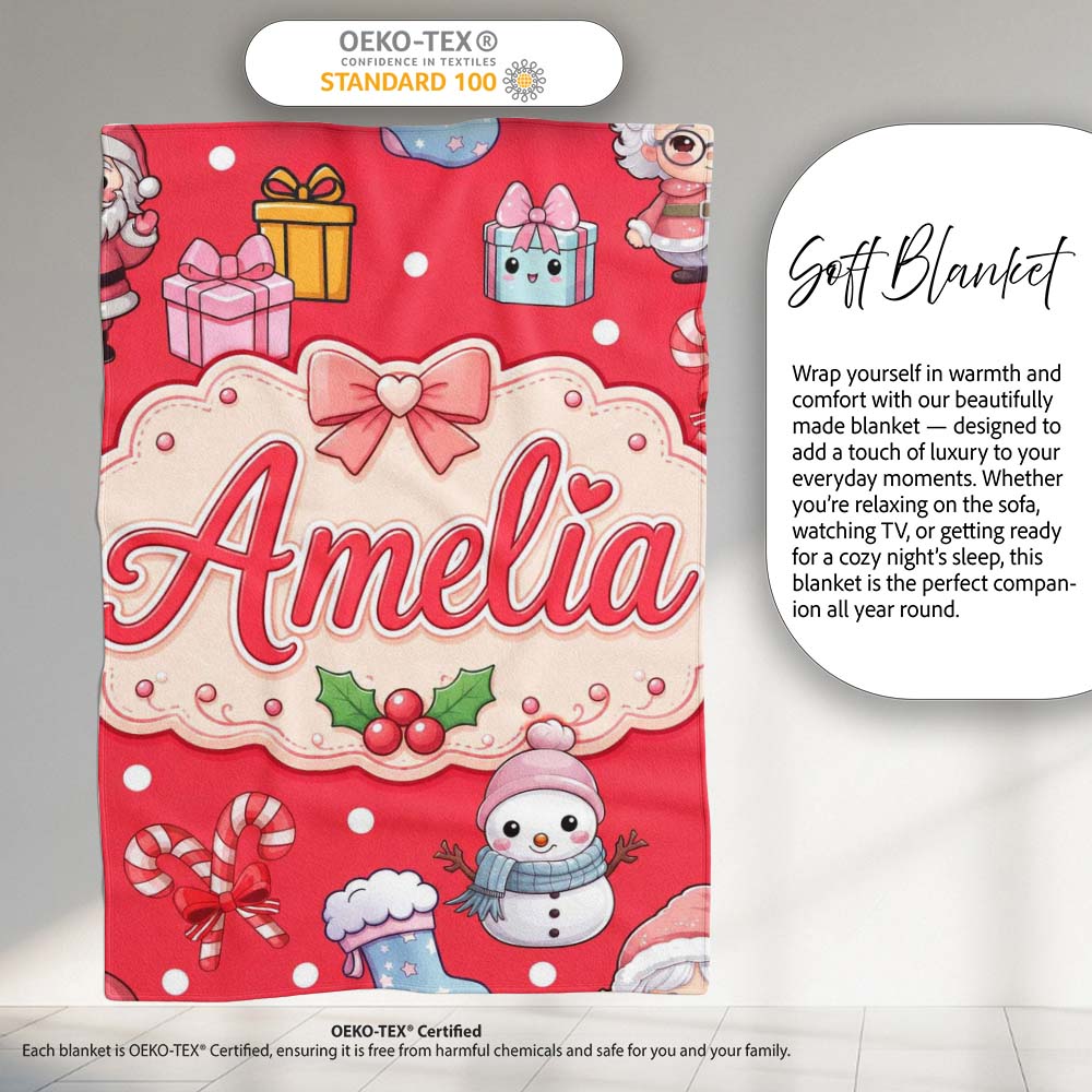Cute Kawaii Santa Snowman Gift Characters Red Background Seamless  Personalised Custom Name Super Soft Fleece Blanket Bed Sofa Throw