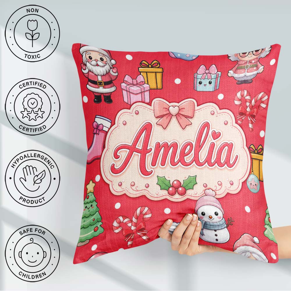 Custom Name Cute Kawaii Santa Characters Red Background Seamless Square Filled Cushion Throw Pillow Sofa Bed Home Decor Zip Washable UK Made