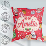 Custom Name Cute Kawaii Santa Characters Red Background Seamless Square Filled Cushion Throw Pillow Sofa Bed Home Decor Zip Washable UK Made