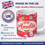 Personalized Custom Name Cute Kawaii Santa Snowman Gift Characters Red Background Seamless 11oz Ceramic Coffee Tea Mug White Large Handle