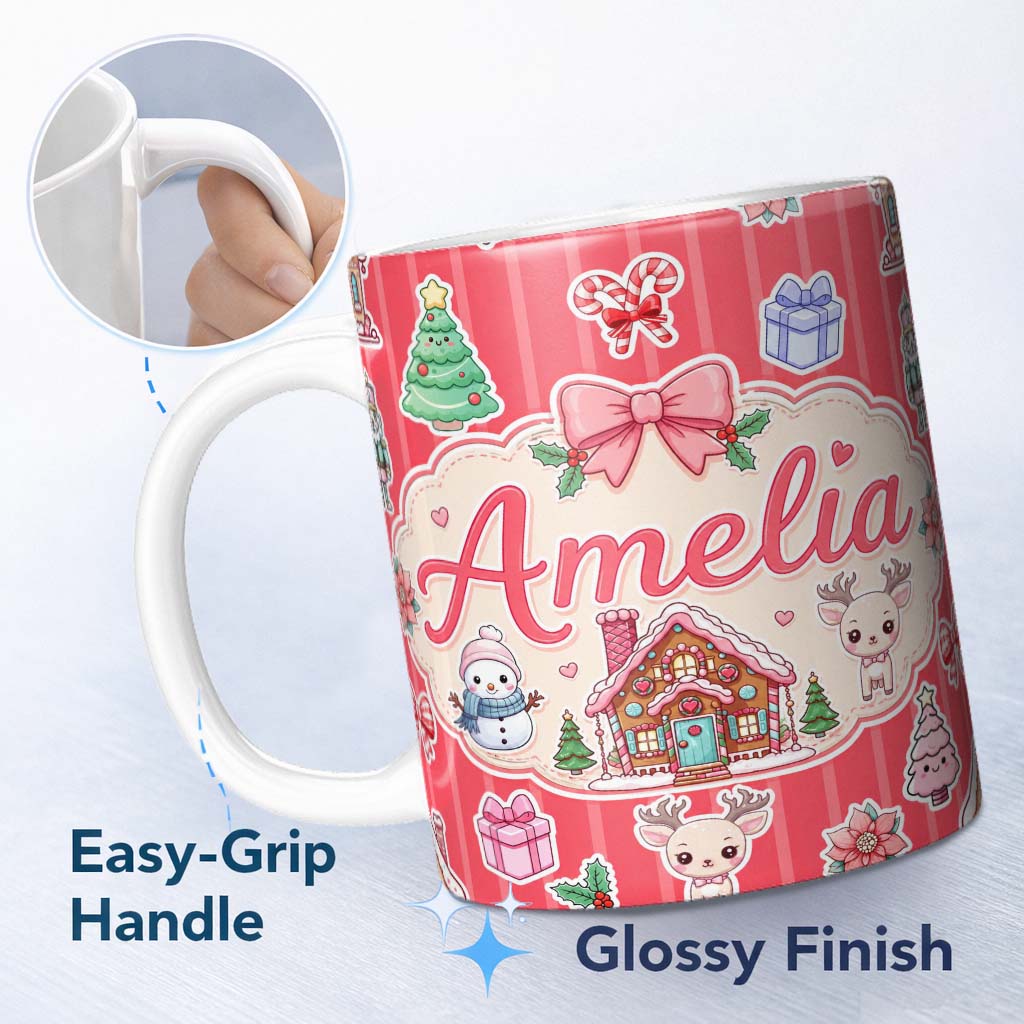 Personalized Custom Name Cute Christmas Festive Stickers Gingerbread House Tree Red Stripe 11oz Ceramic Coffee Tea Mug White Large Handle