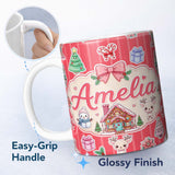 Personalized Custom Name Cute Christmas Festive Stickers Gingerbread House Tree Red Stripe 11oz Ceramic Coffee Tea Mug White Large Handle