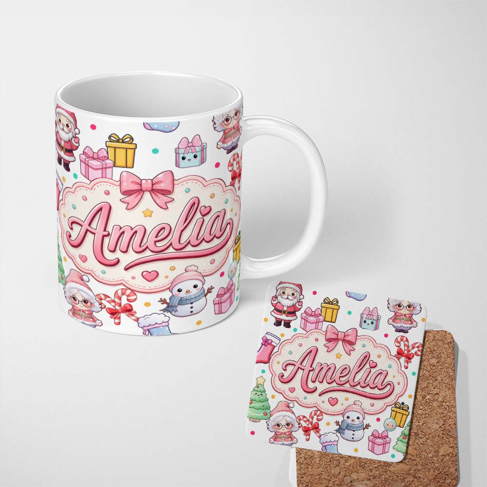 Personalized Custom Name Cute Kawaii Santa Snowman Gift Characters Light Grey Background 11oz Ceramic Coffee Tea Mug White Large Handle