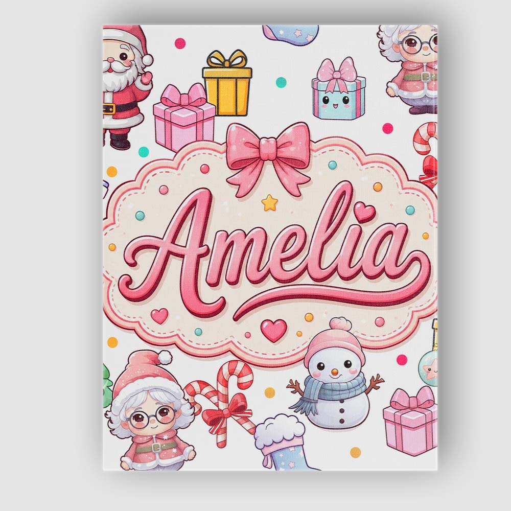 Personalised Name Cute Kawaii Santa Snowman Custom  Bespoke Interior Contemporary Canvas Wall Art Print Decor Picture Ready to Hang