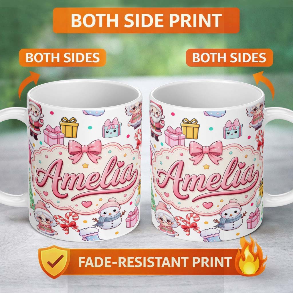 Personalized Custom Name Cute Kawaii Santa Snowman Gift Characters Light Grey Background 11oz Ceramic Coffee Tea Mug White Large Handle