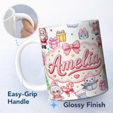 Personalized Custom Name Cute Kawaii Santa Snowman Gift Characters Light Grey Background 11oz Ceramic Coffee Tea Mug White Large Handle