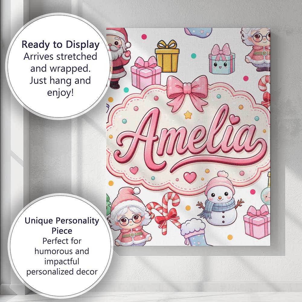 Personalised Name Cute Kawaii Santa Snowman Custom  Bespoke Interior Contemporary Canvas Wall Art Print Decor Picture Ready to Hang