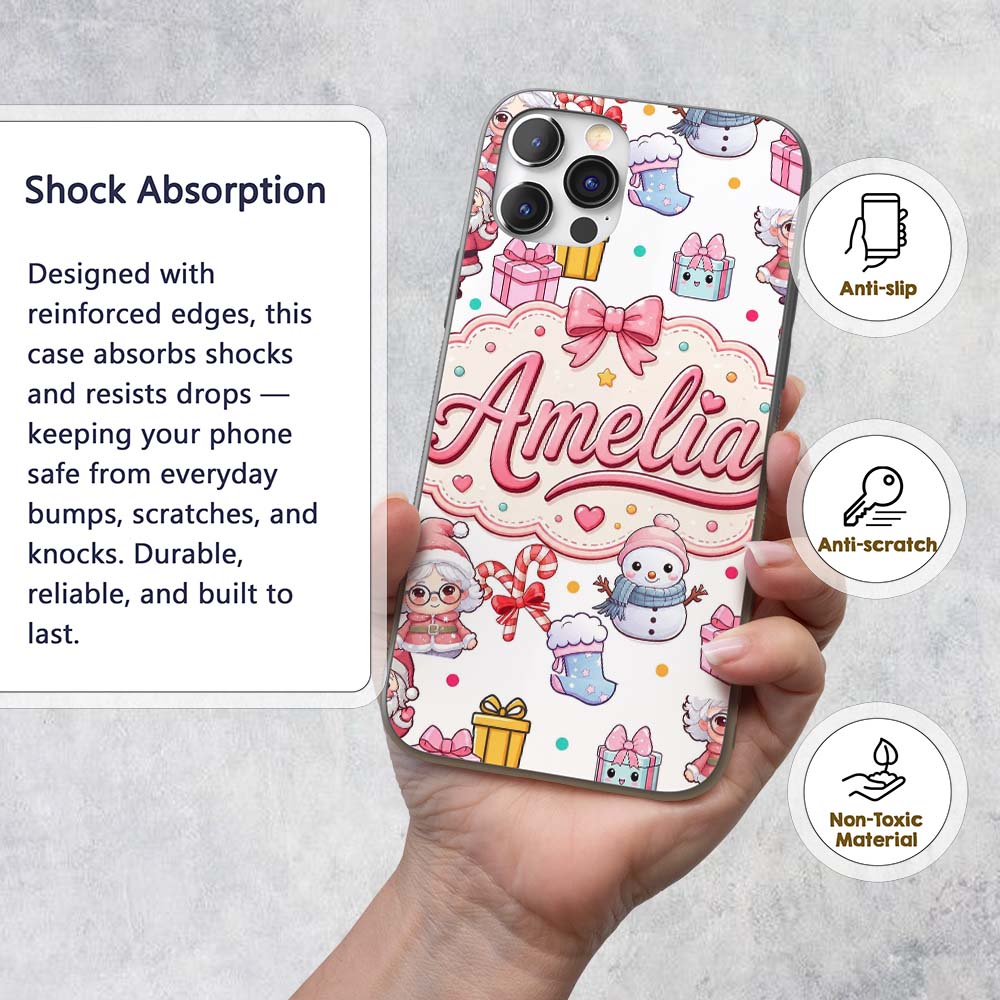 Cute Kawaii Santa Snowman Gift Characters Light Custom Name Protective Phone Case Mobile Cover Durable Everyday Smartphone Shock Resistant