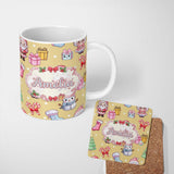Personalized Custom Name Cute Kawaii Santa Snowman Gift Characters Warm Beige Background 11oz Ceramic Coffee Tea Mug White Large Handle