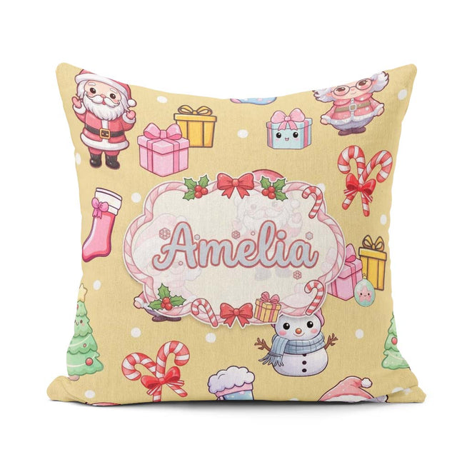 Custom Name Cute Kawaii Santa Snowman Gift Characters Warm Beige Square Filled Cushion Throw Pillow Sofa Bed Home Decor Zip Washable UK Made
