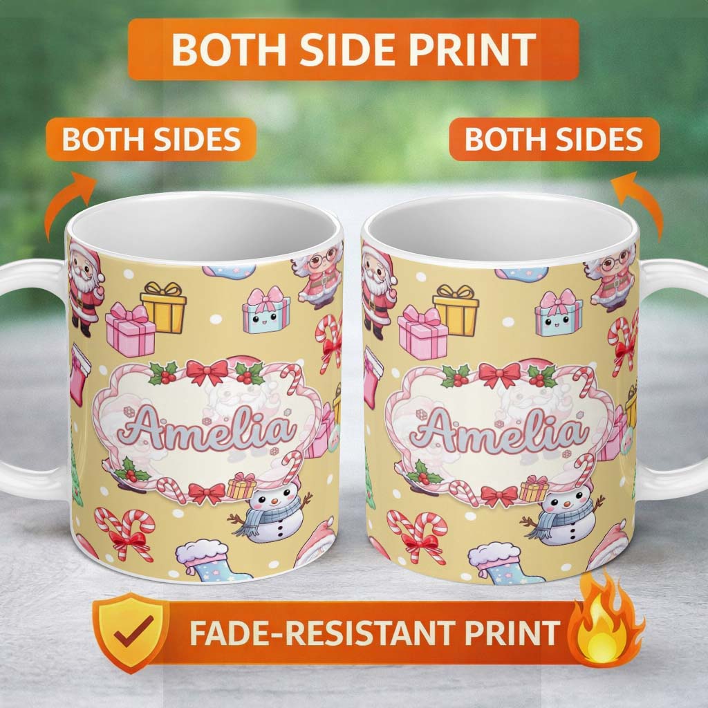 Personalized Custom Name Cute Kawaii Santa Snowman Gift Characters Warm Beige Background 11oz Ceramic Coffee Tea Mug White Large Handle