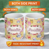 Personalized Custom Name Cute Kawaii Santa Snowman Gift Characters Warm Beige Background 11oz Ceramic Coffee Tea Mug White Large Handle