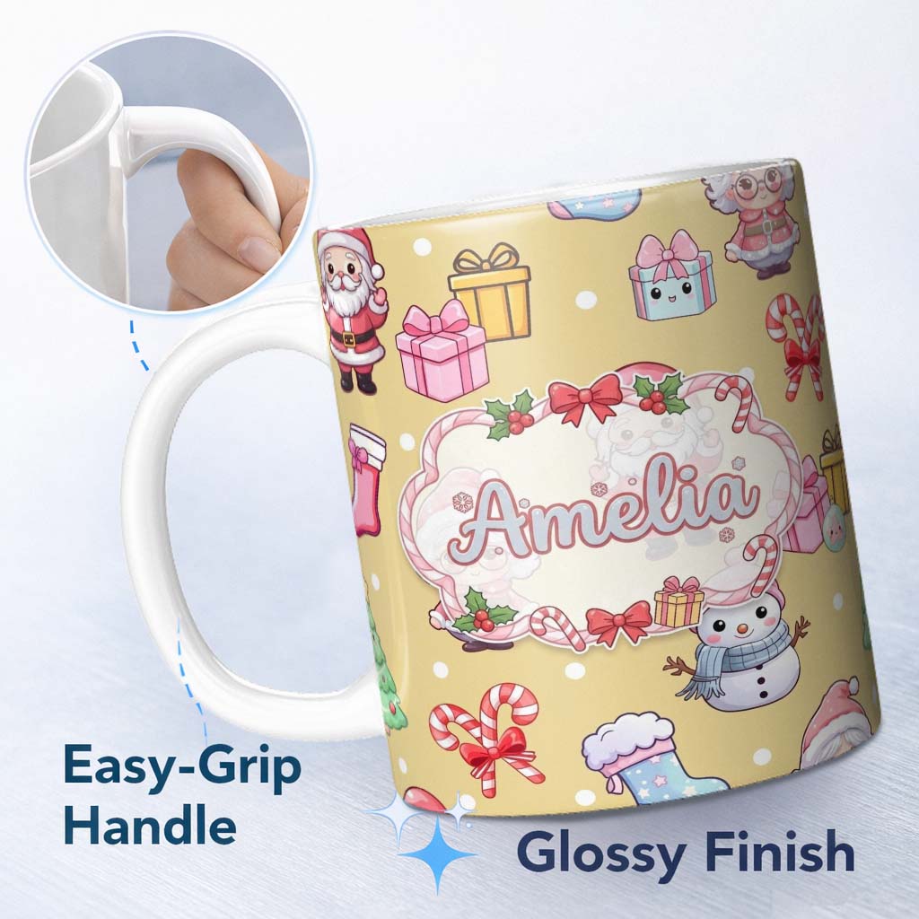 Personalized Custom Name Cute Kawaii Santa Snowman Gift Characters Warm Beige Background 11oz Ceramic Coffee Tea Mug White Large Handle