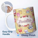 Personalized Custom Name Cute Kawaii Santa Snowman Gift Characters Warm Beige Background 11oz Ceramic Coffee Tea Mug White Large Handle