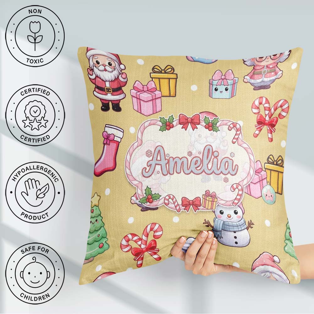 Custom Name Cute Kawaii Santa Snowman Gift Characters Warm Beige Square Filled Cushion Throw Pillow Sofa Bed Home Decor Zip Washable UK Made