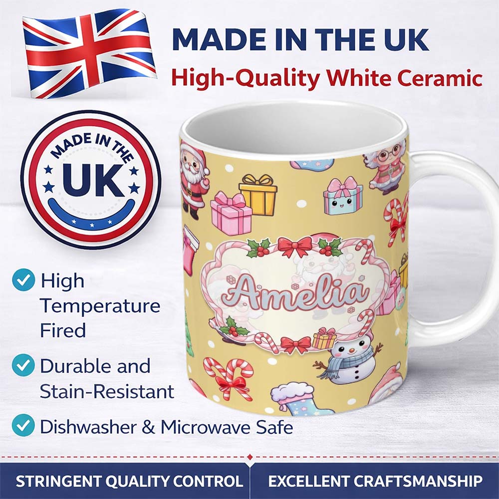 Personalized Custom Name Cute Kawaii Santa Snowman Gift Characters Warm Beige Background 11oz Ceramic Coffee Tea Mug White Large Handle