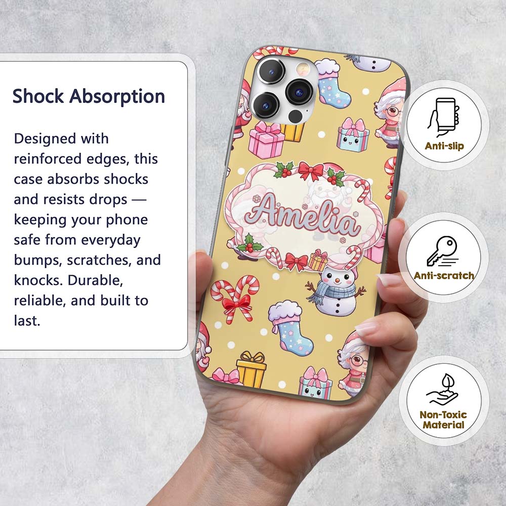 Cute Kawaii Santa Snowman Gift Characters Warm Custom Name Protective Phone Case Mobile Cover Durable Everyday Smartphone Shock Resistant
