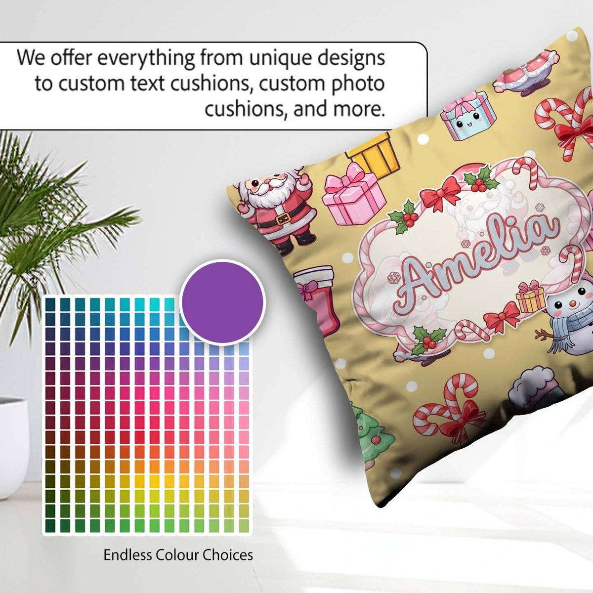 Custom Name Cute Kawaii Santa Snowman Gift Characters Warm Beige Square Filled Cushion Throw Pillow Sofa Bed Home Decor Zip Washable UK Made