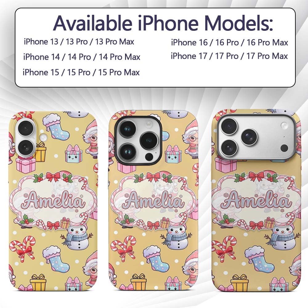 Cute Kawaii Santa Snowman Gift Characters Warm Custom Name Protective Phone Case Mobile Cover Durable Everyday Smartphone Shock Resistant