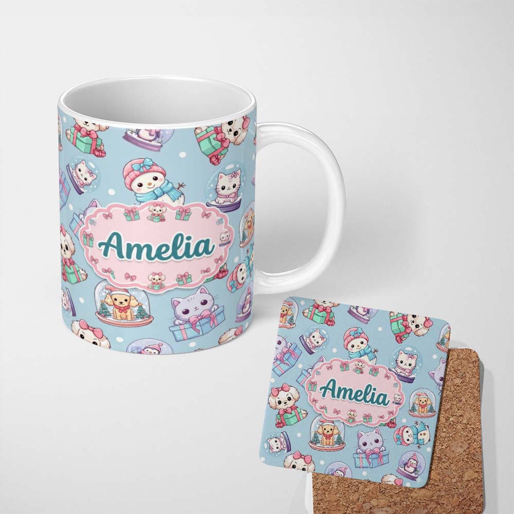 Personalized Custom Name Cute Kawaii Christmas Pets Snow Globe Gift Pattern Seamless Name 11oz Ceramic Coffee Tea Mug White Large Handle