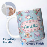 Personalized Custom Name Cute Kawaii Christmas Pets Snow Globe Gift Pattern Seamless Name 11oz Ceramic Coffee Tea Mug White Large Handle