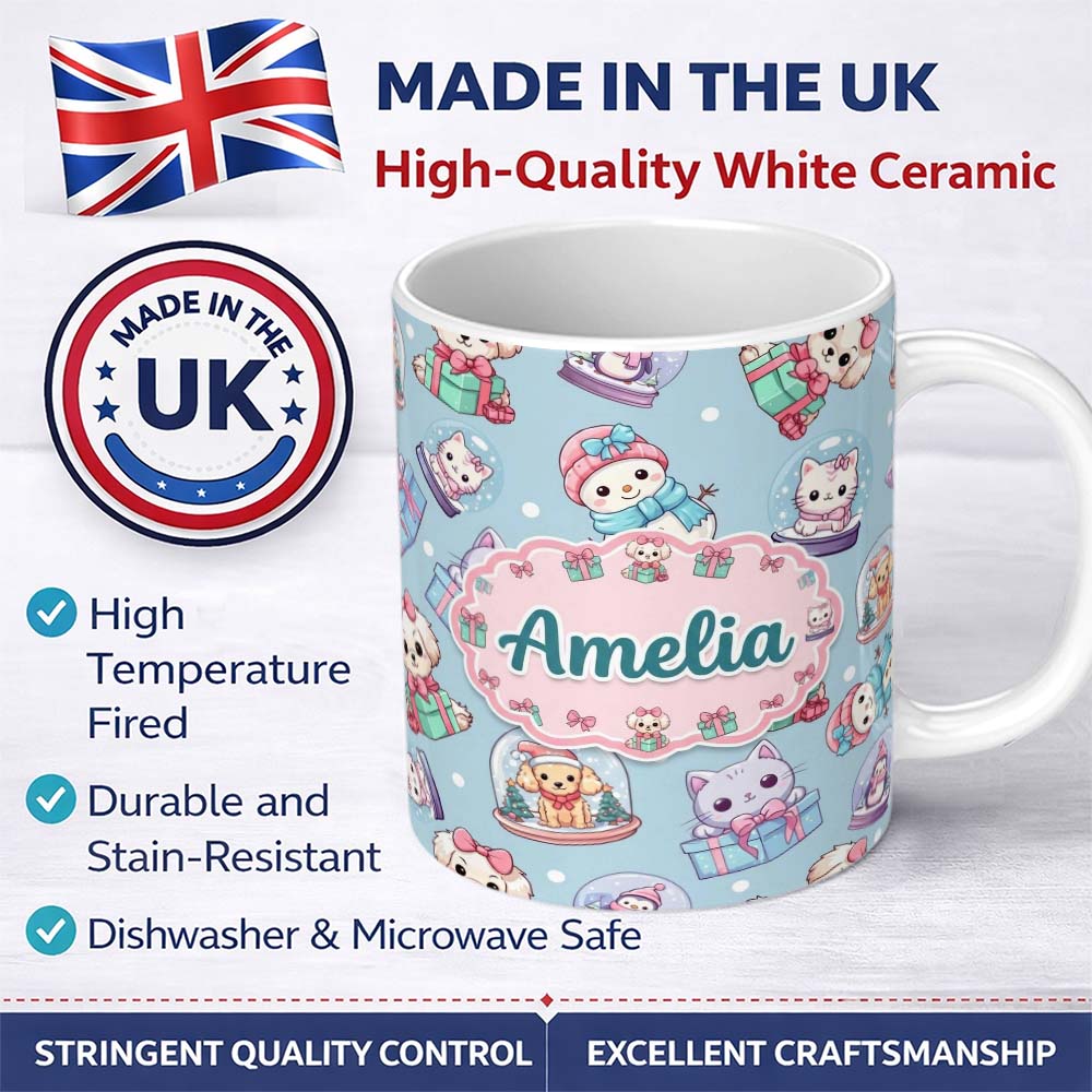 Personalized Custom Name Cute Kawaii Christmas Pets Snow Globe Gift Pattern Seamless Name 11oz Ceramic Coffee Tea Mug White Large Handle