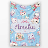 Cute Kawaii Christmas Pets Snow Globe Gifts Blue Background  Personalised Custom Name Super Soft Fleece Blanket Bed Sofa Throw
