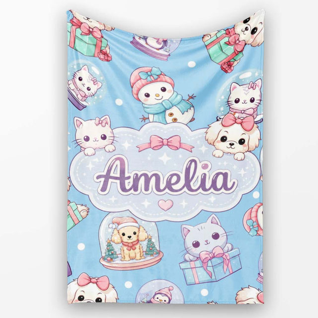 Cute Kawaii Christmas Pets Snow Globe Gifts Blue Background  Personalised Custom Name Super Soft Fleece Blanket Bed Sofa Throw