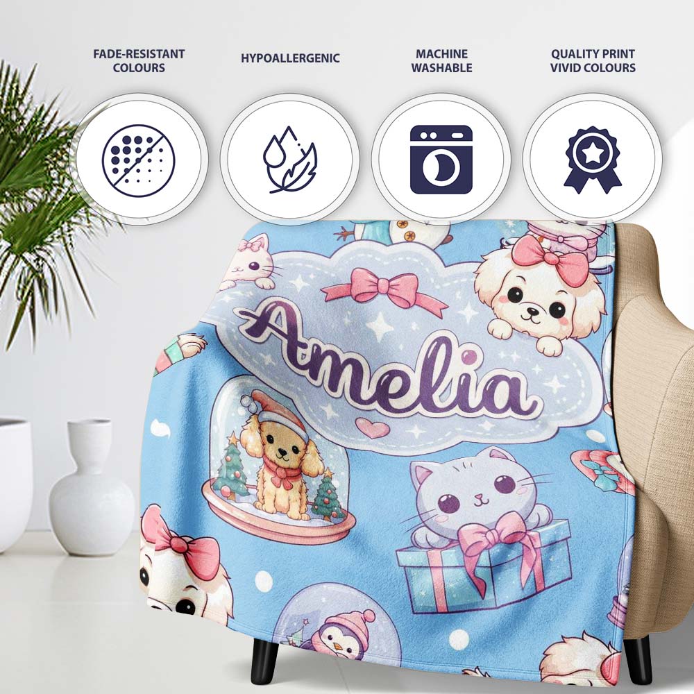 Cute Kawaii Christmas Pets Snow Globe Gifts Blue Background  Personalised Custom Name Super Soft Fleece Blanket Bed Sofa Throw