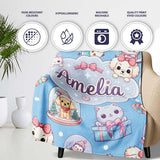 Cute Kawaii Christmas Pets Snow Globe Gifts Blue Background  Personalised Custom Name Super Soft Fleece Blanket Bed Sofa Throw