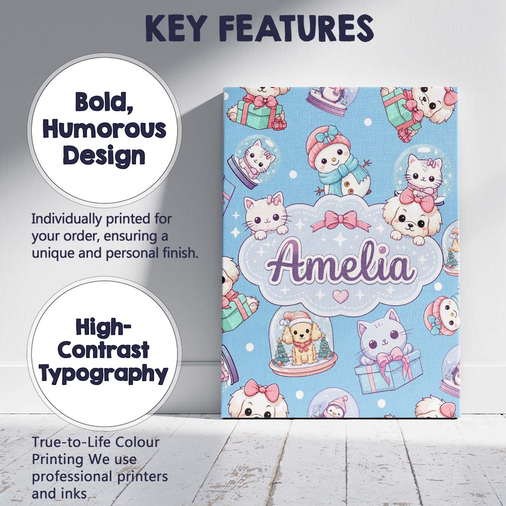 Personalised Name Cute Kawaii Christmas Custom  Modern Room Accent Elegant Feature Canvas Wall Art Print Decor Picture Ready to Hang