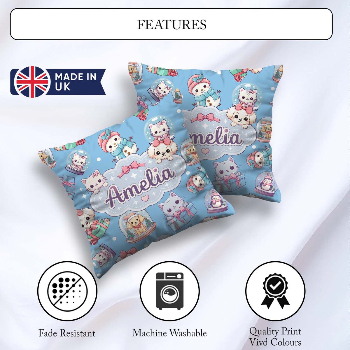 Custom Name Cute Christmas Pets Snow Globe Gifts Blue Background Square Filled Cushion Throw Pillow Sofa Bed Home Decor Zip Washable UK Made