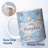 Personalized Custom Name Cute Kawaii Christmas Pets Snow Globe Gifts Blue Background 11oz Ceramic Coffee Tea Mug White Large Handle