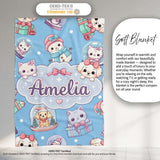 Cute Kawaii Christmas Pets Snow Globe Gifts Blue Background  Personalised Custom Name Super Soft Fleece Blanket Bed Sofa Throw