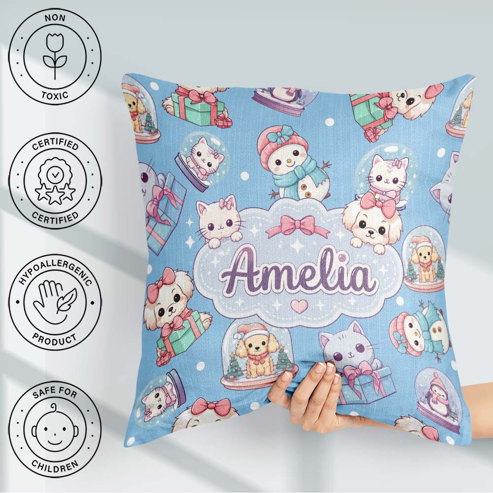 Custom Name Cute Christmas Pets Snow Globe Gifts Blue Background Square Filled Cushion Throw Pillow Sofa Bed Home Decor Zip Washable UK Made